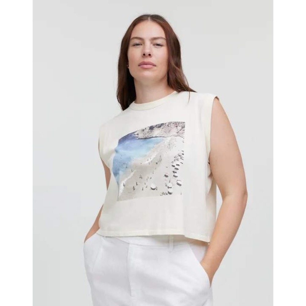 Madewell Beach Scene Graphic Tank Top Cream‎ XL Sleeveless Crew Neck